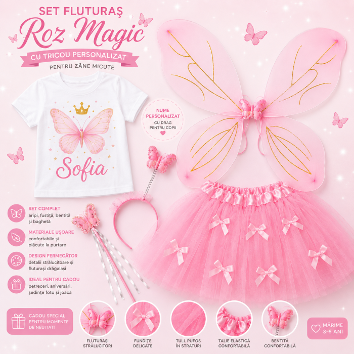 Set Fluturas cu Tricou personalizat cu nume, Aripi, Fustita, Bentita si Bagheta [2]