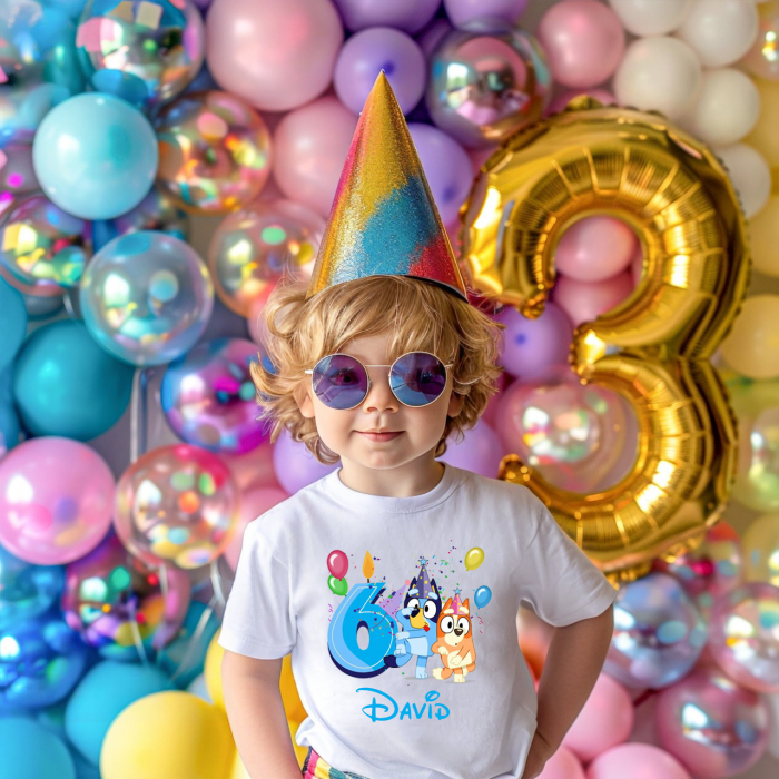 Tricou Copii Aniversar, Personalizat cu Cifra si Personajele Bluey si Bingo [1]