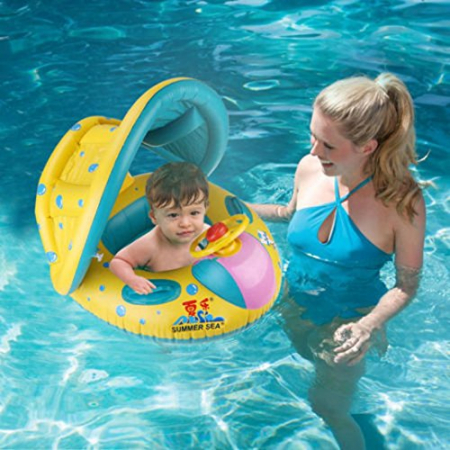 Colace, piscine si accesorii - Colac bebe cu parasolar si volan albastru/galben