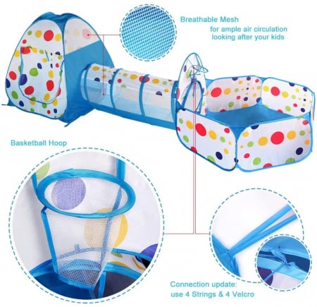 Cort de joaca cu tunel si piscina pentru copii 3 in 1 albastru [3]