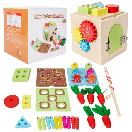Jucarii din lemn si Montessori - Cub din lemn Montessori 9 in 1
