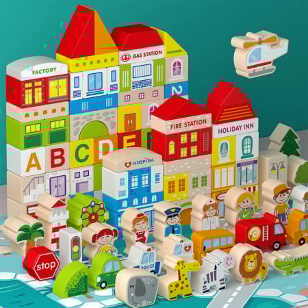 Galetusa 120 Cuburi Constructie din Lemn Oraselul Interactiv Sunshine City [1]