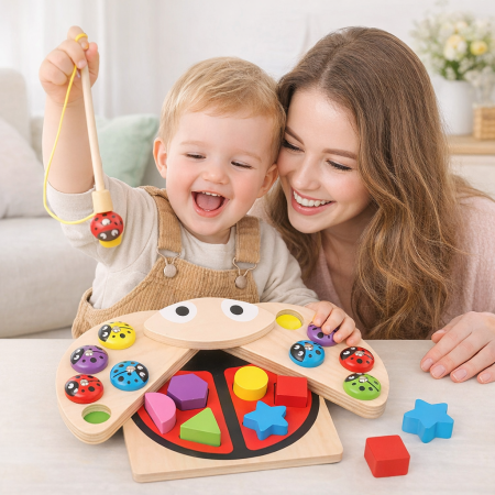 Jucarii din lemn si Montessori - Joc de Indemanare 2 in 1 – Gargarita Pescuit si Sortator Educativ din Lemn