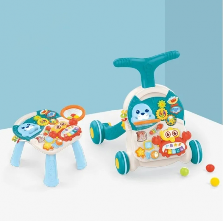 Antemergatoare - Antepremergator Interactiv 2-in-1 cu Animalute si Centru de Activitati, Bleu