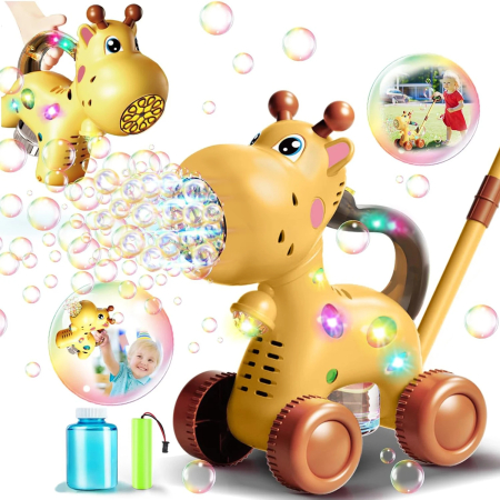 Jucarii 1-3 ani - Jucarie interactiva Girafa 3 in 1 cu baloane de sapun, lumini si maner de impins