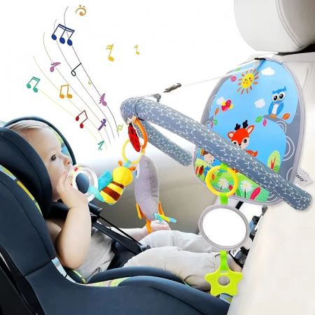 Jucarii educative si creative - Jucarie scaun auto cu elemente senzoriale pentru bebelusi, arcada cu jucarii zornaitoare, oglinda si muzica
