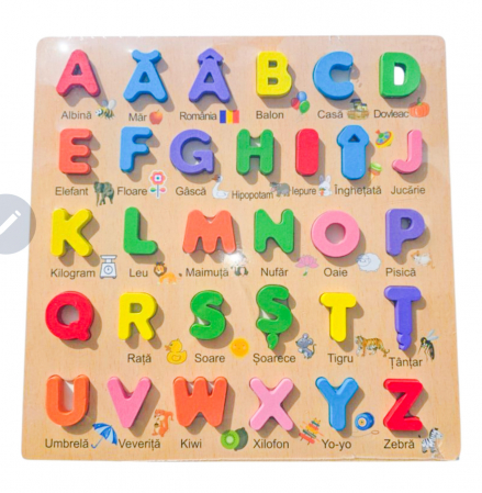Tablite, Litere si Cifre - Puzzle Alfabet Educativ din Lemn – Litere Mari, Ilustratii si Cuvinte in Limba Romana