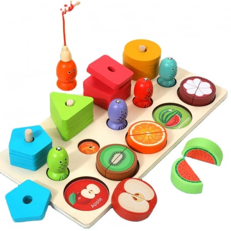 Puzzle din lemn cu fructe si forme geometrice