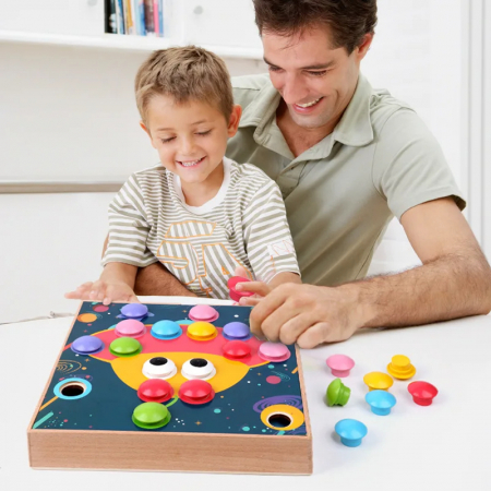 Jucarii 1-3 ani - Puzzle educativ din lemn cu butoane colorate - Dezvoltare motrica si creativa