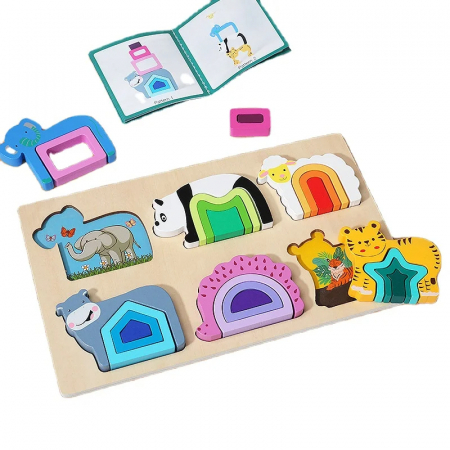 Puzzle educativ din lemn cu forme si animale pentru copii