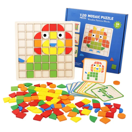Puzzle - Puzzle Mozaic din Lemn – Joc Educativ de Logica si Creativitate cu 120 Piese pentru Copii 3+