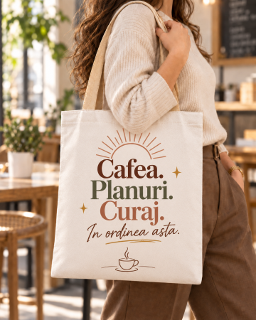 Sacose de Panza, Tote Bags - Sacosa Tote cu mesaj „Cafea. Planuri. Curaj.”