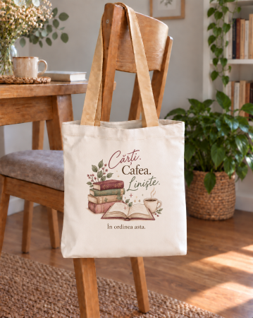 Cadouri pentru EA - Sacosa Tote: Carti. Cafea. Liniste.