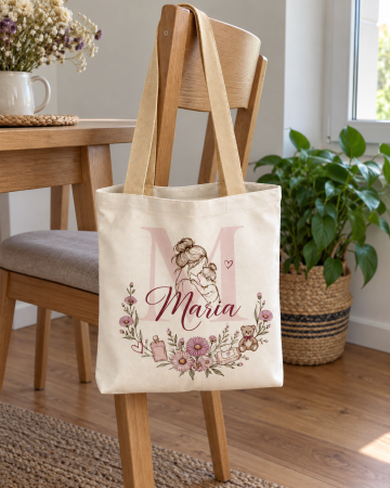 Sacose de Panza, Tote Bags - Sacosa Tote personalizata cu initiala si nume – Model Mama & Bebe Floral