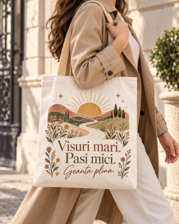 Sacose de Panza, Tote Bags - Sacosa Tote cu mesaj „Visuri mari. Pasi mici. Geanta plina.”