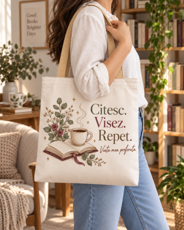Sacose de Panza, Tote Bags - Sacosa Tote cu mesaj „Citesc. Visez. Repet. Viata mea preferata.”