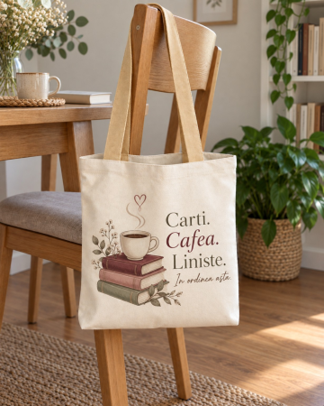Sacose de Panza, Tote Bags - Sacosa Tote „Carti. Cafea. Liniste.”