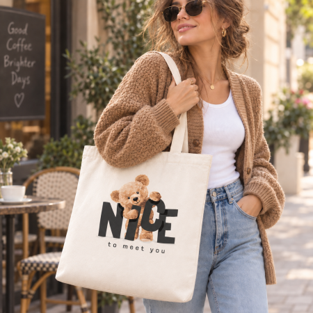 Cadouri pentru EA - Sacosa Tote Nice to meet you cu ursulet