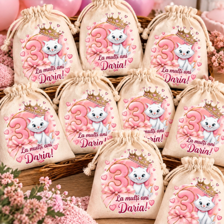 Produse personalizate - Saculeti Aniversare Copii – pisicuta Marie, personalizati cu varsta