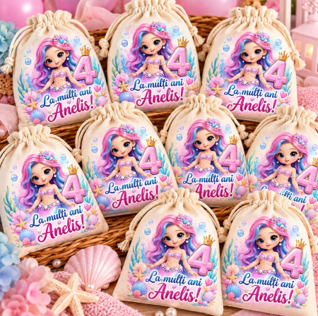 Produse personalizate - Saculeti Aniversare Copii - Sirena, personalizati cu nume si varsta