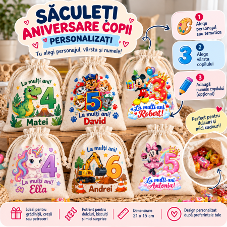 Produse personalizate - Saculeti Aniversare Copii Personalizati - Alege Personajul, Varsta si Numele