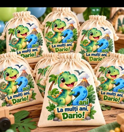 Produse personalizate - Saculeti Aniversare Copii – Dinozaur, personalizati cu varsta