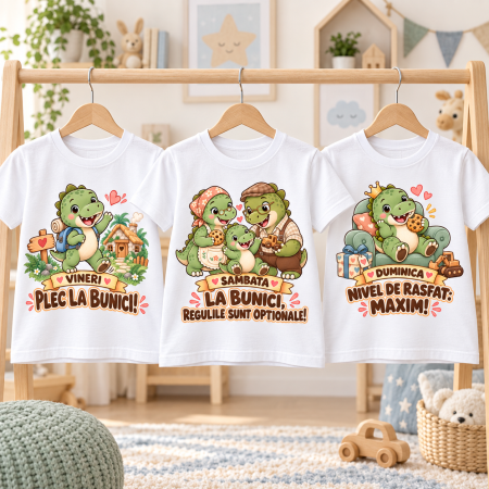 Tricouri personalizate - Set 3 tricouri copii „Weekend la bunici” cu dinozauri,