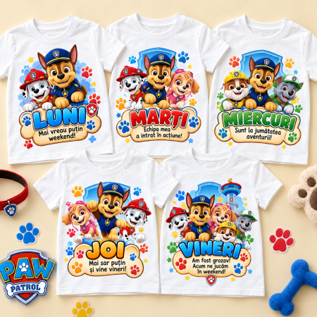 Tricouri personalizate - Set 5 tricouri copii Paw Patrol - Luni-Vineri 