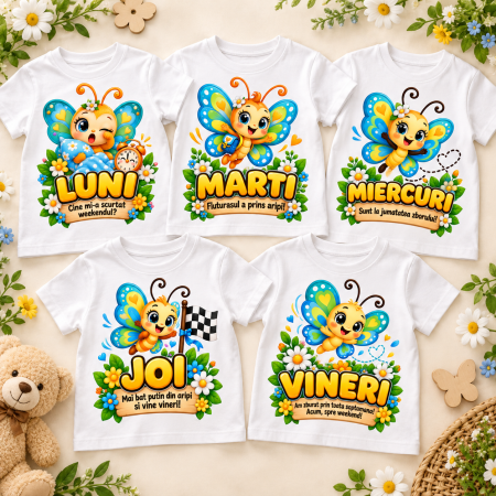 Tricouri personalizate - Set 5 tricouri baieti Grupa Fluturasilor – Luni-Vineri, cu mesaje haioase - Copie
