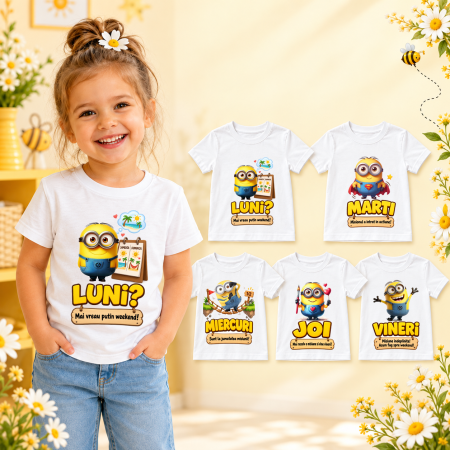Tricouri personalizate - Set 5 tricouri Minioni – Luni-Vineri, cu mesaje haioase