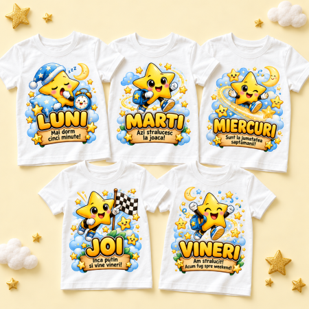 Tricouri personalizate - Set 5 tricouri personalizate Grupa Stelutelor – Luni-Vineri, cu mesaje haioase