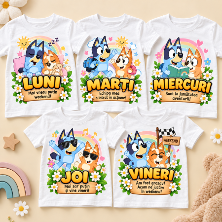 Produse personalizate - Set 5 tricouri copii Bluey si Bingo - Luni-Vineri