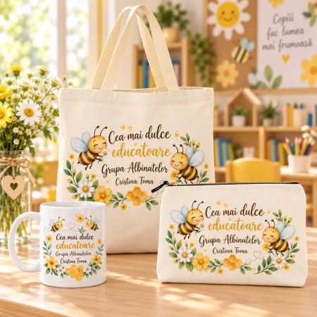 Grupa albinutelor - Set cadou personalizat pentru educatoare – Cana, sacosa si portfard, Grupa Albinutelor