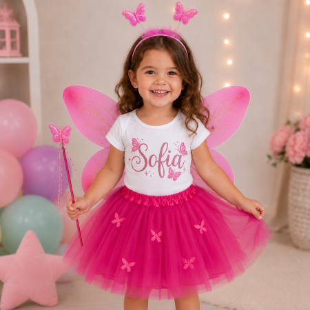 Tricouri personalizate - Set Fluturas cu Tricou personalizat cu nume, Aripi, Fustita, Bentita si Bagheta