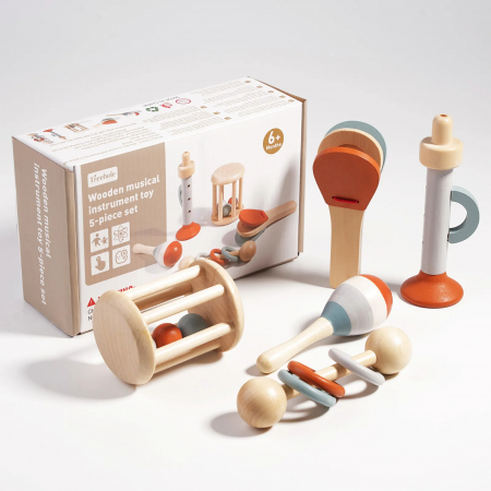 Set Jucarii Muzicale din Lemn pentru Bebelusi – 5 Piese Educative