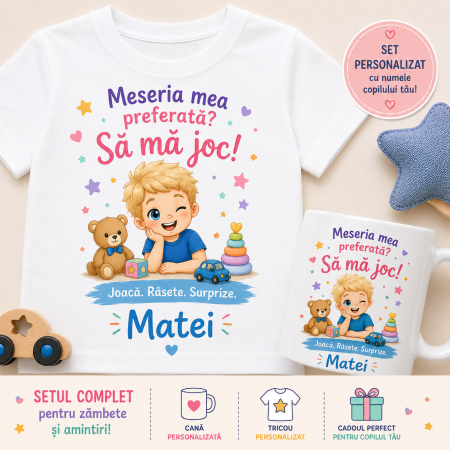 Seturi Promotionale - Set personalizat cu nume pentru Baieti – Cana + Tricou- Meseria mea preferata