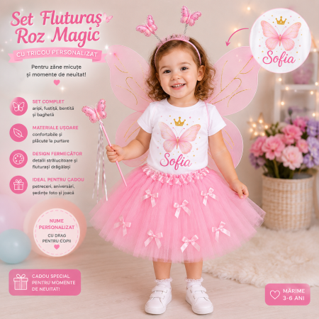 Seturi Promotionale - Set Fluturas cu Tricou personalizat cu nume, Aripi, Fustita, Bentita si Bagheta