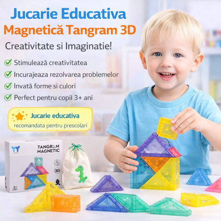 Varsta - Tangram Magnetic 3D pentru Copii 3+ – Puzzle de Constructie cu Piese Magnetice Colorate