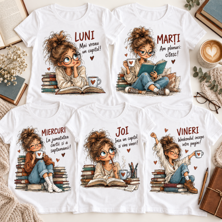 Produse personalizate - Set 5 tricouri dama Saptamana unei iubitoare de carti – Luni-Vineri