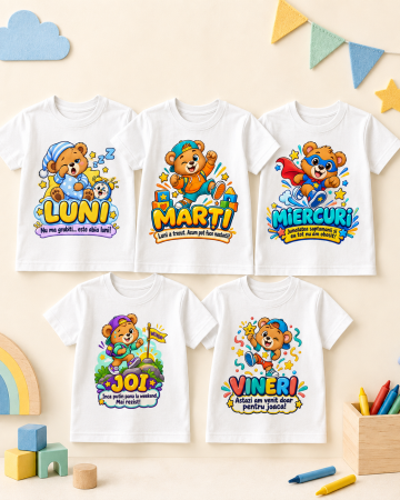 Tricouri personalizate - Set 5 tricouri copii Ursulet – Luni-Vineri, cu mesaje haioase