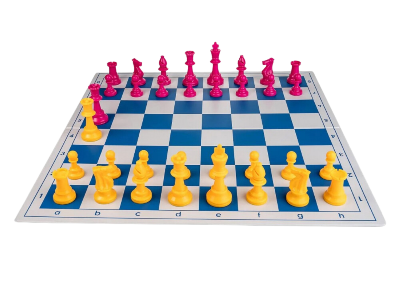 Műanyag sárga-roszaszin sakk-figurák félbehajtható műanyag táblával-kék [1]
