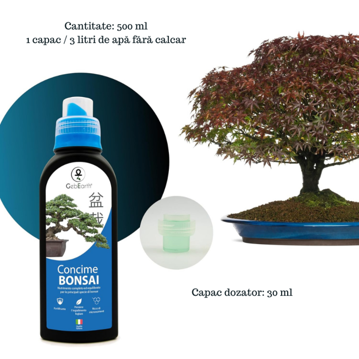 Ingrasamant pentru Bonsai GebEarth® 500 ml, Continut ridicat de nutrienti specifici pentru bonsai, Intareste radacinile si stimuleaza producerea de frunze noi la toate tipurile de arbori bonsai [2]