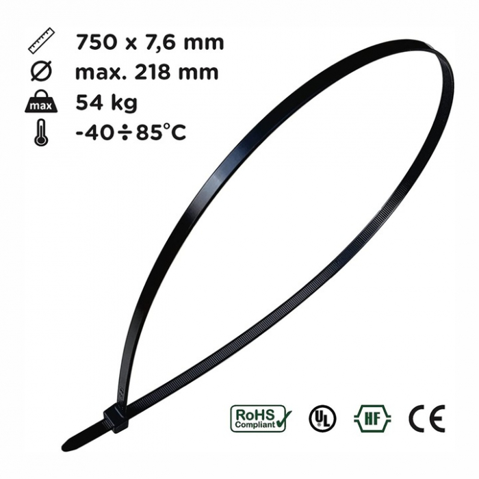 Set 100 buc Soricei, Coliere de Plastic, Fasete, Bride 750mm x 7.6 mm, Poliamida 6.6 (PA66), Intervisio, Negri - Copie [2]