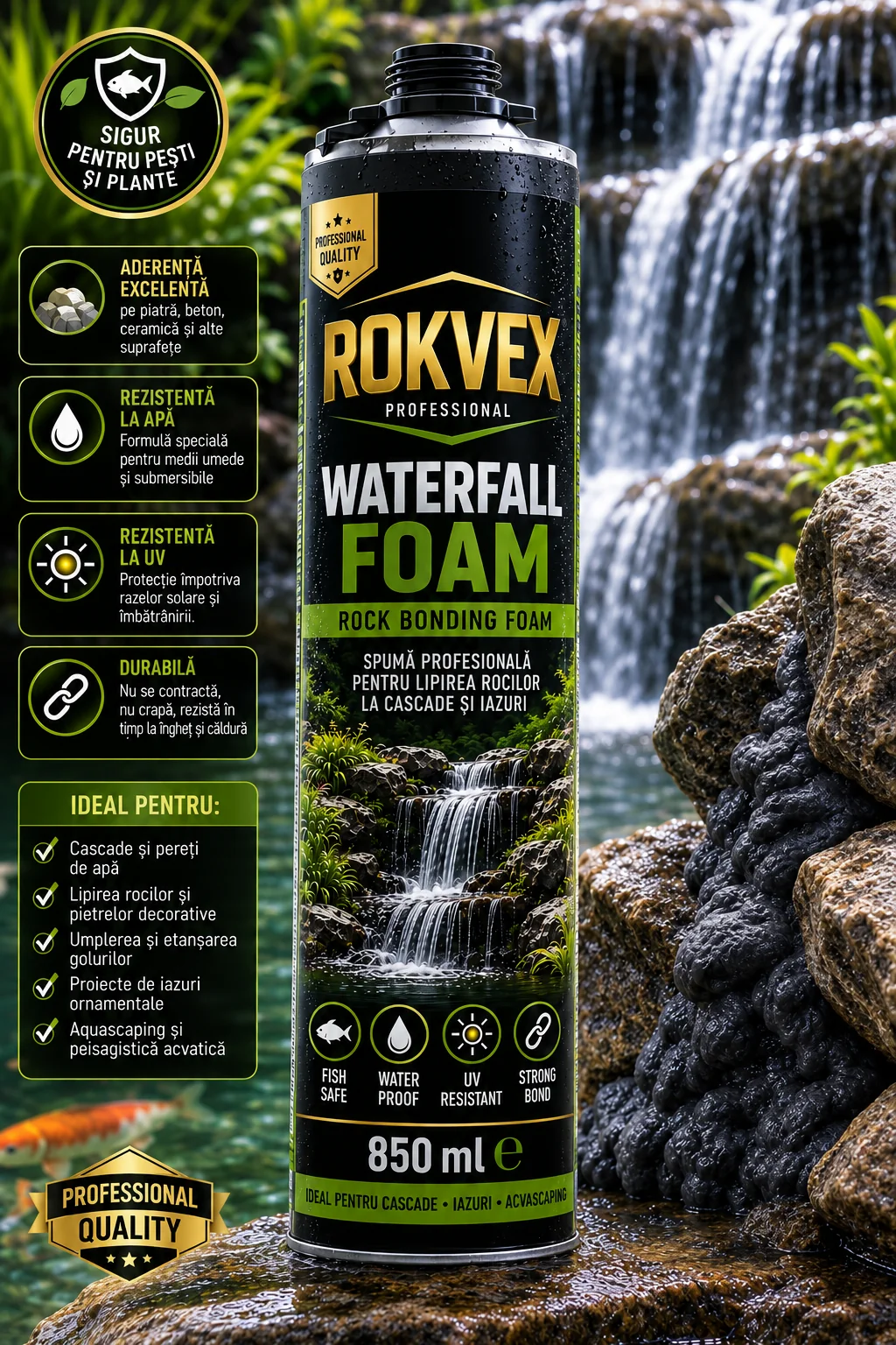 Diverse Articole - Spumă neagră pentru cascade și roci ROKVEX Waterfall Foam 850 ml