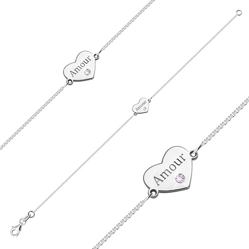 Brățară din argint 925 compusă dintr-o inimă strălucitoare simetrică, cu scris „Amour” [3]