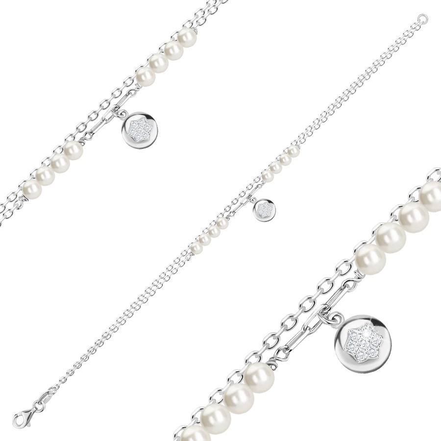 Brățară dublă din argint 925 - perle sintetice albe, disc, stea de zircon [3]