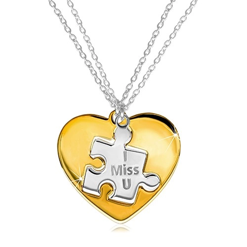 Set de coliere cu pandantive sculptate - puzzle sculptat cu inscripție, inimă cu decupaj în centru, închidere de tip inel cu arc [5]