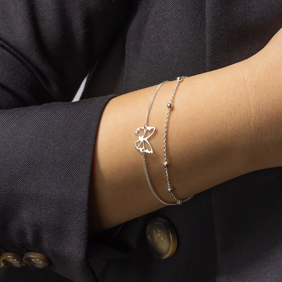 Brățară din argint 925 - lanț dublu, fluture cu aripi sculptate [1]