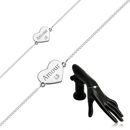 Brățară din argint 925 compusă dintr-o inimă strălucitoare simetrică, cu scris „Amour” [1]