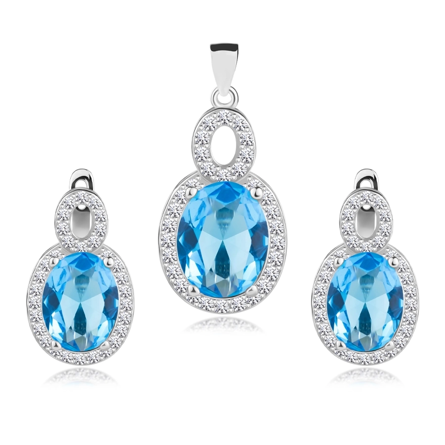 Coliere - Set argint 925, pandantiv și cercei, zircon oval de culoare acvamarin